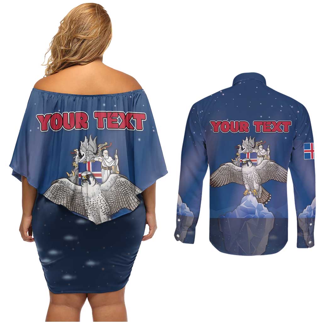 Personalized Iceland Couples Matching Off Shoulder Short Dress and Long Sleeve Button Shirt The Gyrfalcon With Symbol - Wonder Print Shop