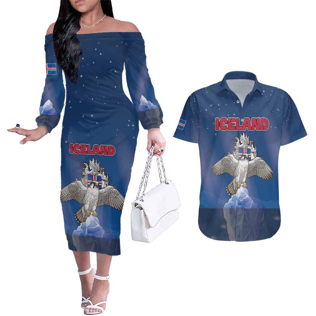 Personalized Iceland Couples Matching Off The Shoulder Long Sleeve Dress and Hawaiian Shirt The Gyrfalcon With Symbol - Wonder Print Shop