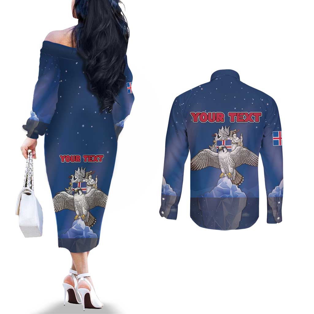 Personalized Iceland Couples Matching Off The Shoulder Long Sleeve Dress and Long Sleeve Button Shirt The Gyrfalcon With Symbol - Wonder Print Shop