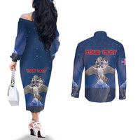 Personalized Iceland Couples Matching Off The Shoulder Long Sleeve Dress and Long Sleeve Button Shirt The Gyrfalcon With Symbol - Wonder Print Shop