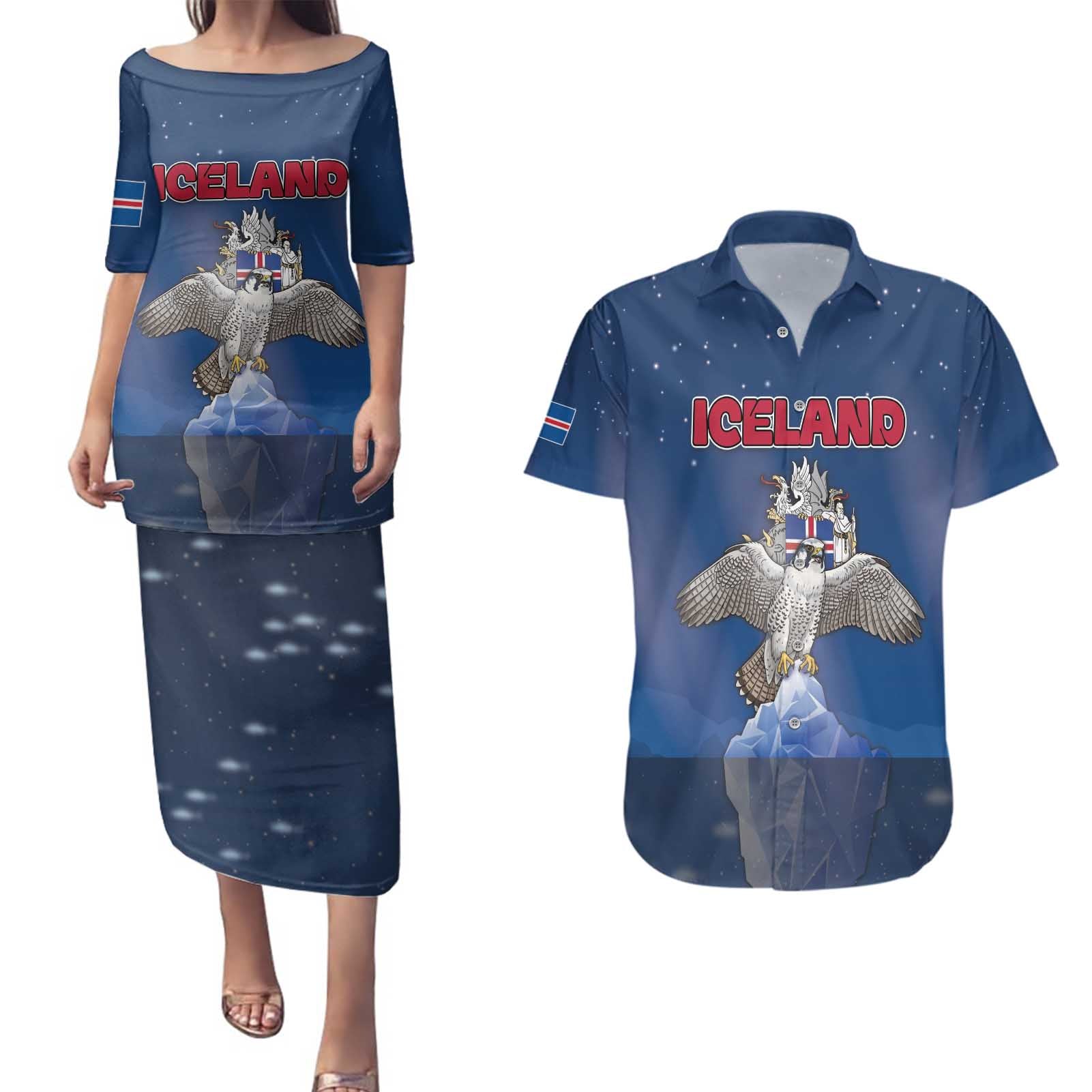 Personalized Iceland Couples Matching Puletasi and Hawaiian Shirt The Gyrfalcon With Symbol - Wonder Print Shop