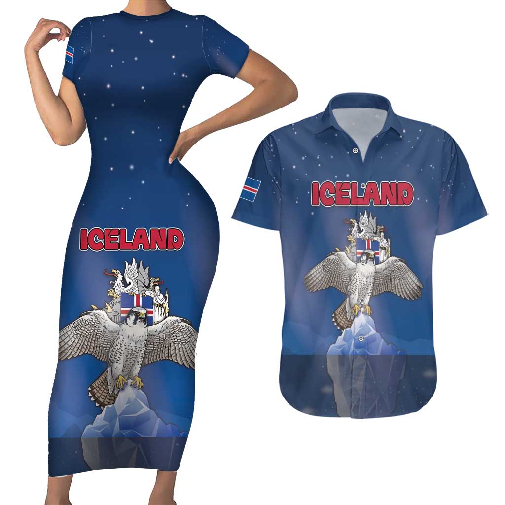 Personalized Iceland Couples Matching Short Sleeve Bodycon Dress and Hawaiian Shirt The Gyrfalcon With Symbol - Wonder Print Shop