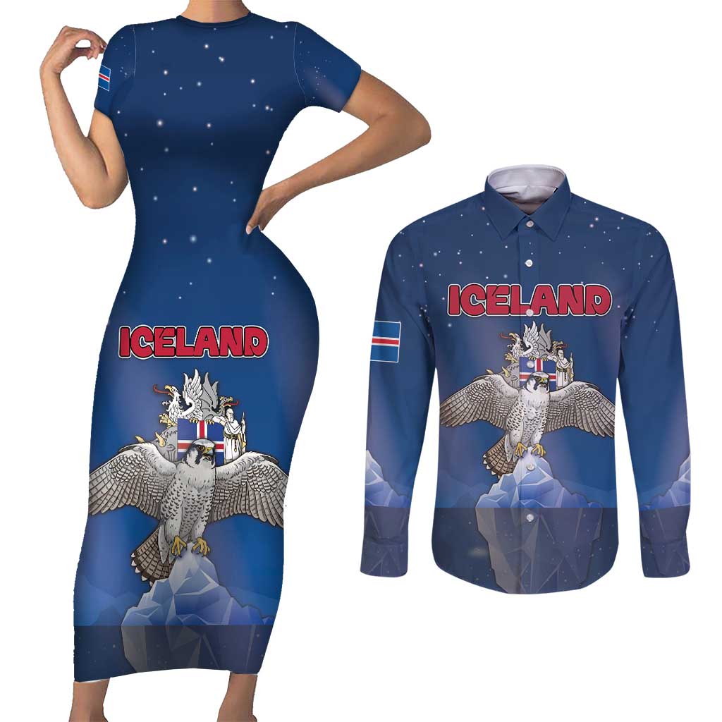 Personalized Iceland Couples Matching Short Sleeve Bodycon Dress and Long Sleeve Button Shirt The Gyrfalcon With Symbol - Wonder Print Shop