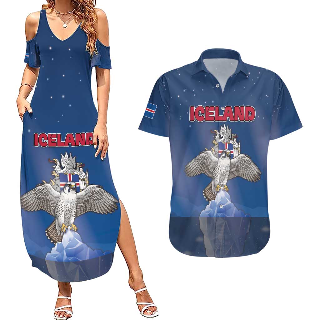 Personalized Iceland Couples Matching Summer Maxi Dress and Hawaiian Shirt The Gyrfalcon With Symbol - Wonder Print Shop