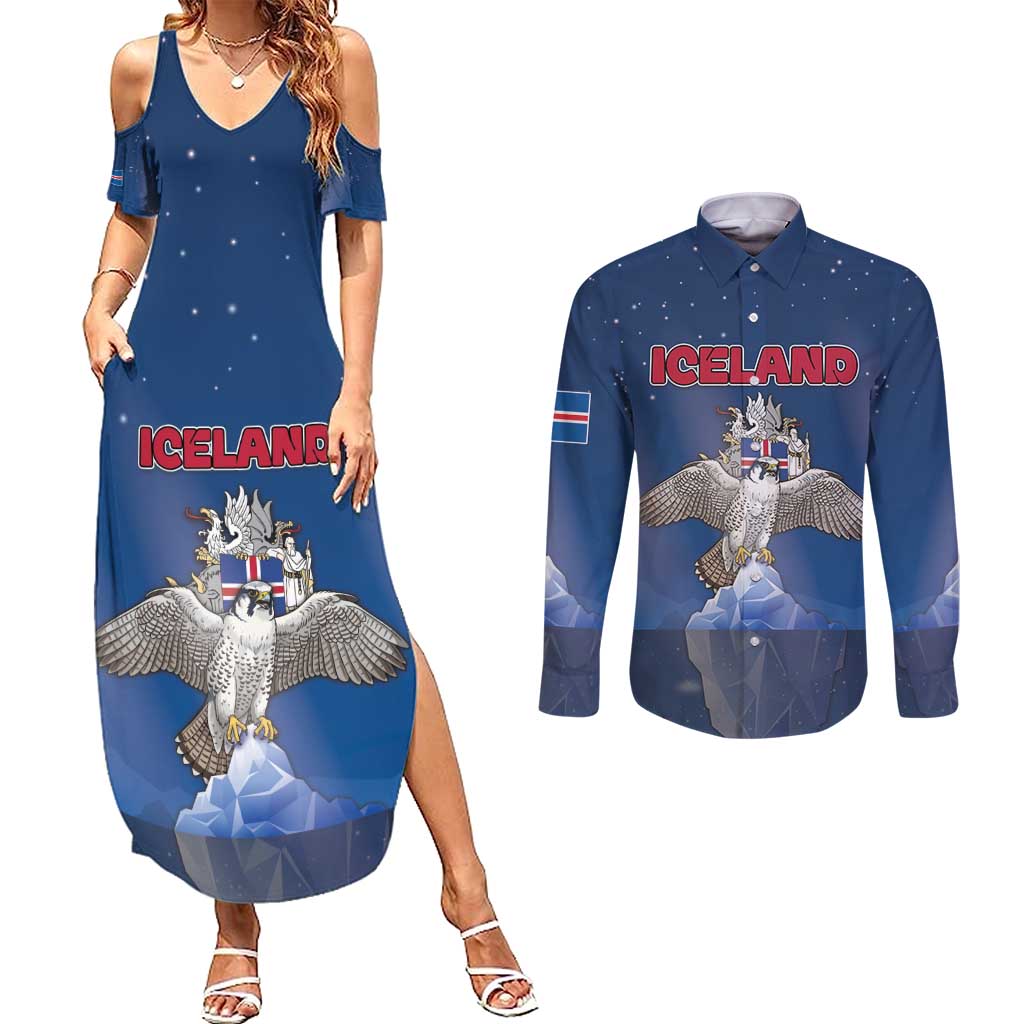 Personalized Iceland Couples Matching Summer Maxi Dress and Long Sleeve Button Shirt The Gyrfalcon With Symbol - Wonder Print Shop
