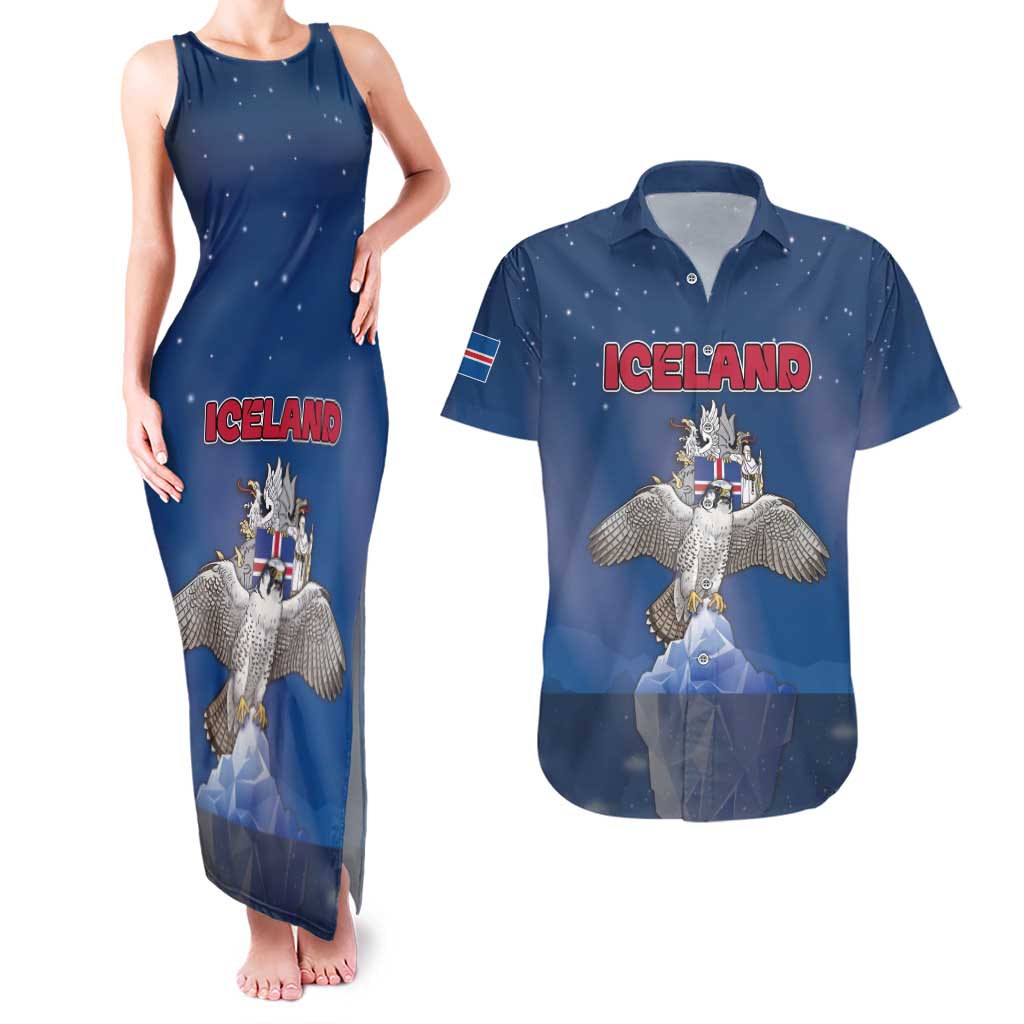 Personalized Iceland Couples Matching Tank Maxi Dress and Hawaiian Shirt The Gyrfalcon With Symbol - Wonder Print Shop