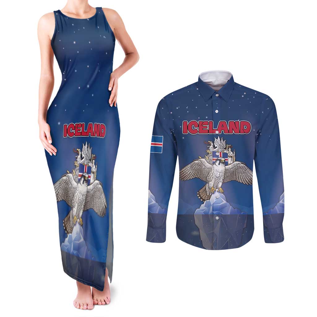 Personalized Iceland Couples Matching Tank Maxi Dress and Long Sleeve Button Shirt The Gyrfalcon With Symbol - Wonder Print Shop