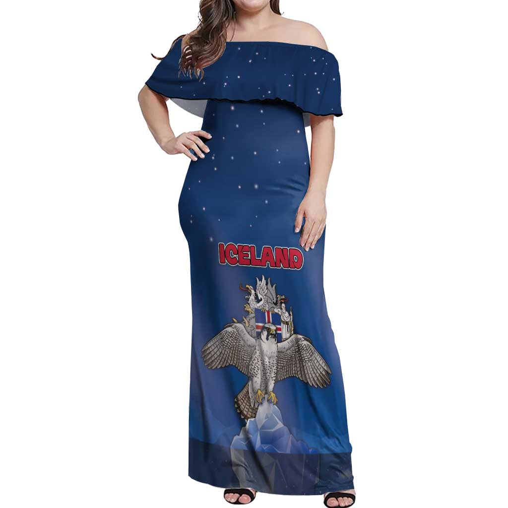 Personalized Iceland Off Shoulder Maxi Dress The Gyrfalcon With Symbol - Wonder Print Shop