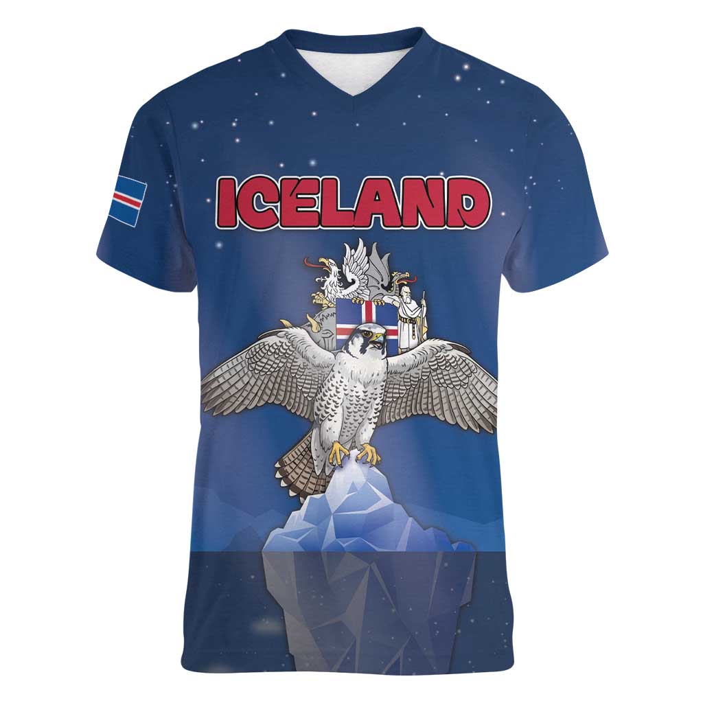 Personalized Iceland Women V-Neck T-Shirt The Gyrfalcon With Symbol - Wonder Print Shop