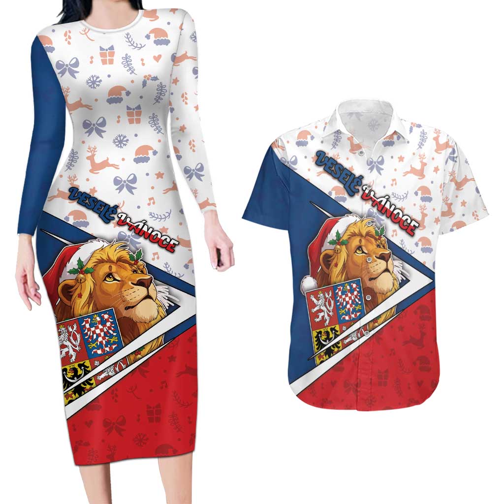 Czech Republic Christmas Couples Matching Long Sleeve Bodycon Dress and Hawaiian Shirt The Lion With Coat Of Arms - Wonder Print Shop
