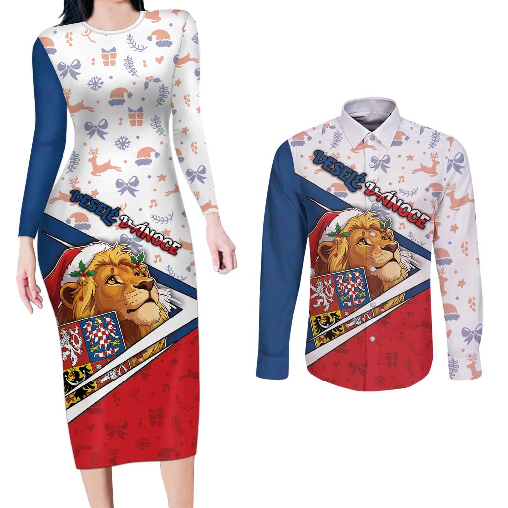 Czech Republic Christmas Couples Matching Long Sleeve Bodycon Dress and Long Sleeve Button Shirt The Lion With Coat Of Arms - Wonder Print Shop