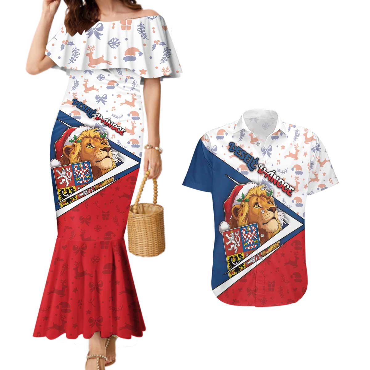 Czech Republic Christmas Couples Matching Mermaid Dress and Hawaiian Shirt The Lion With Coat Of Arms - Wonder Print Shop