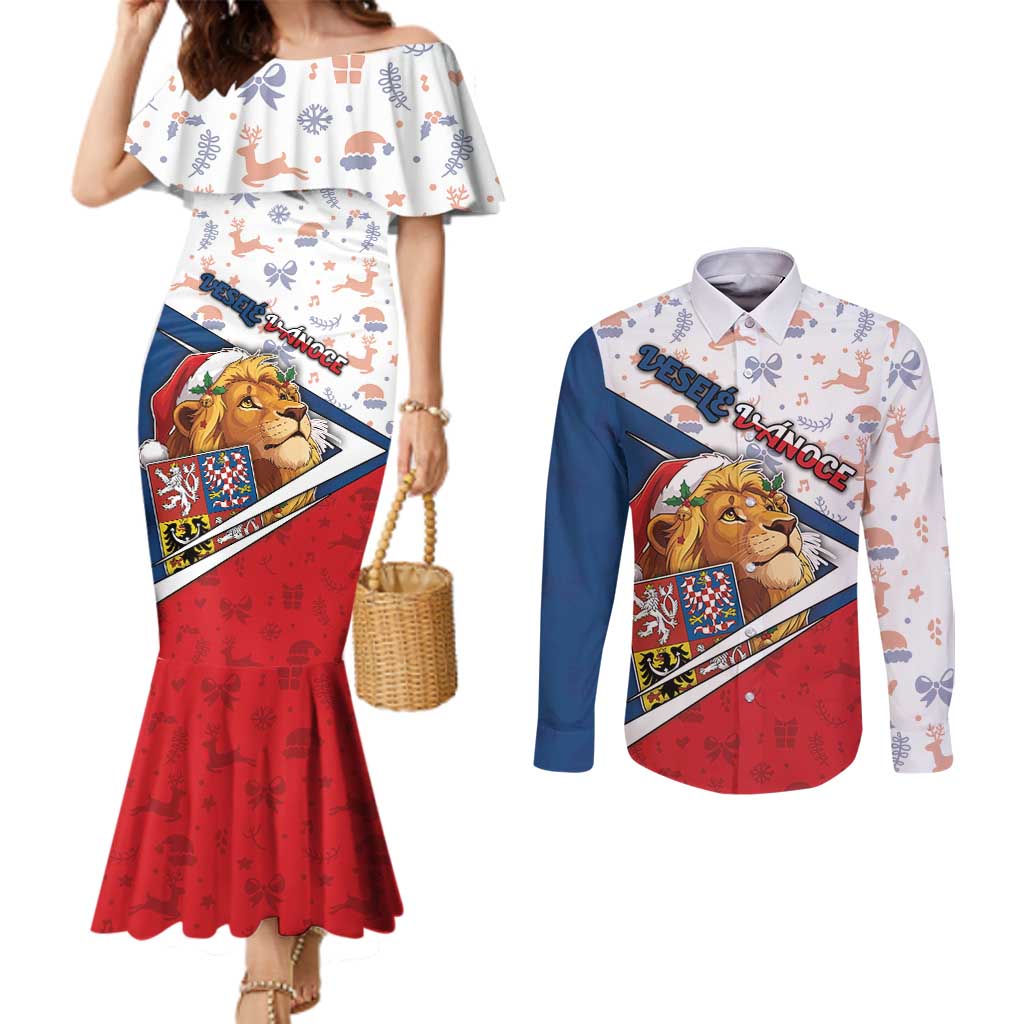 Czech Republic Christmas Couples Matching Mermaid Dress and Long Sleeve Button Shirt The Lion With Coat Of Arms - Wonder Print Shop