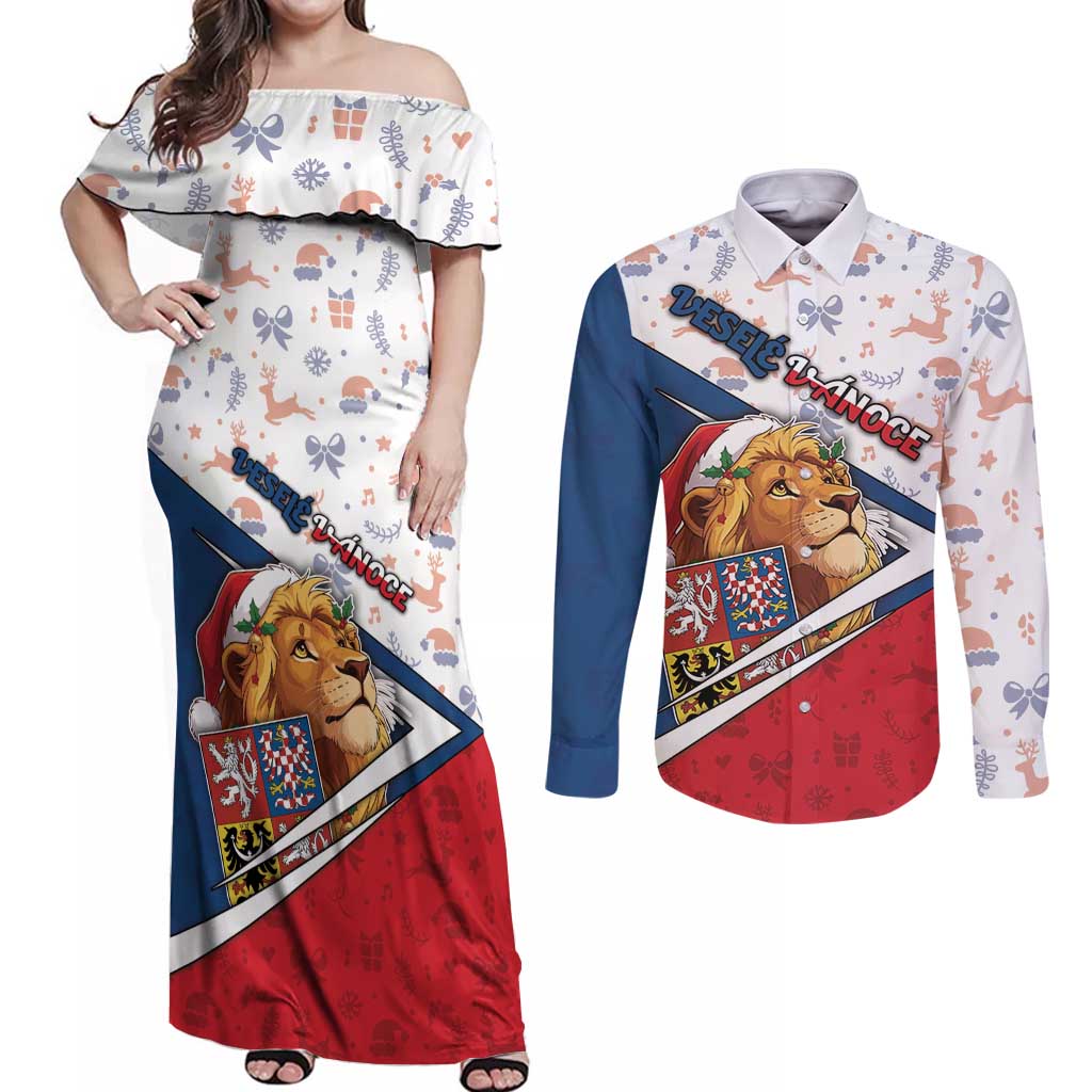 Czech Republic Christmas Couples Matching Off Shoulder Maxi Dress and Long Sleeve Button Shirt The Lion With Coat Of Arms - Wonder Print Shop