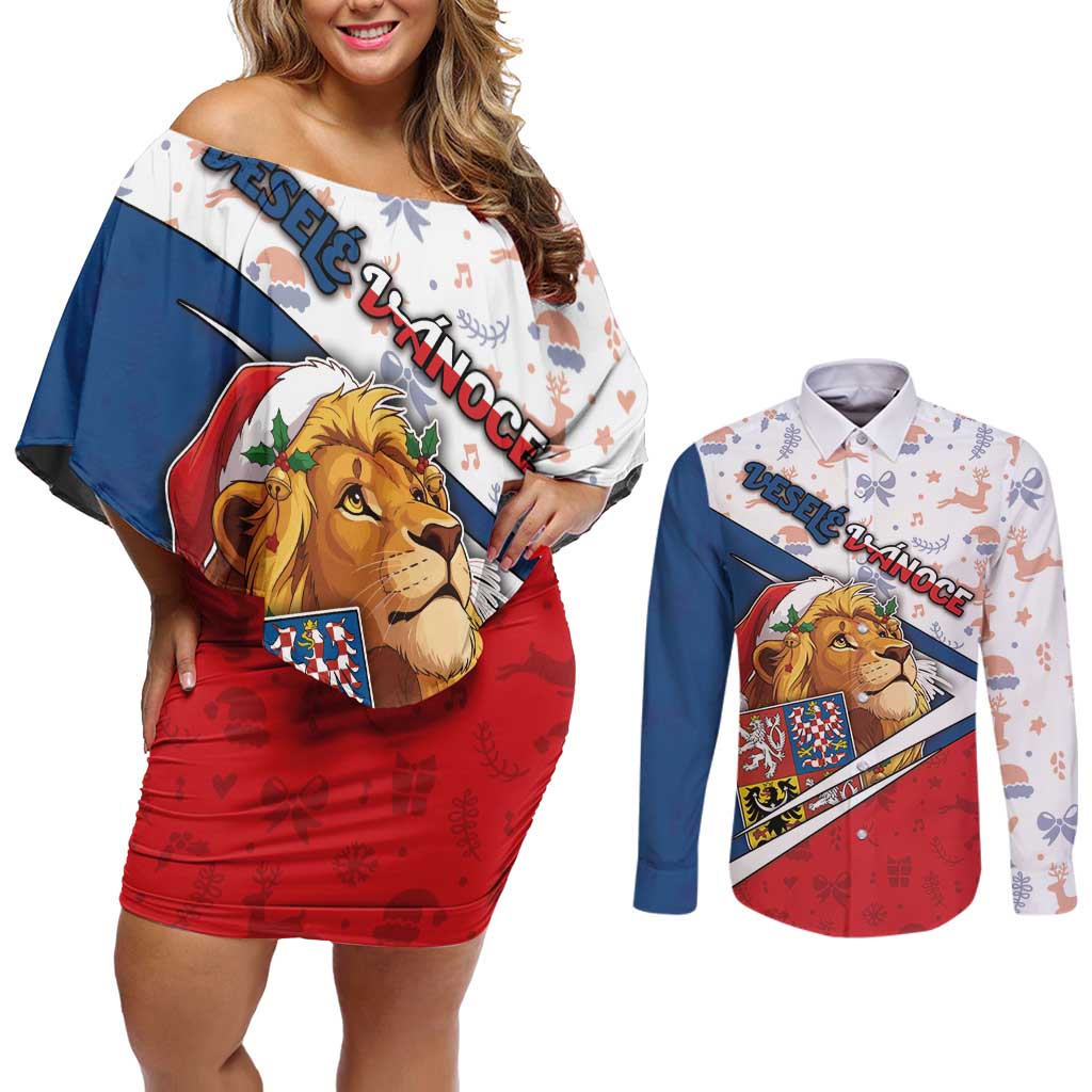 Czech Republic Christmas Couples Matching Off Shoulder Short Dress and Long Sleeve Button Shirt The Lion With Coat Of Arms - Wonder Print Shop