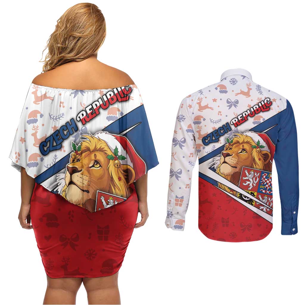 Czech Republic Christmas Couples Matching Off Shoulder Short Dress and Long Sleeve Button Shirt The Lion With Coat Of Arms - Wonder Print Shop