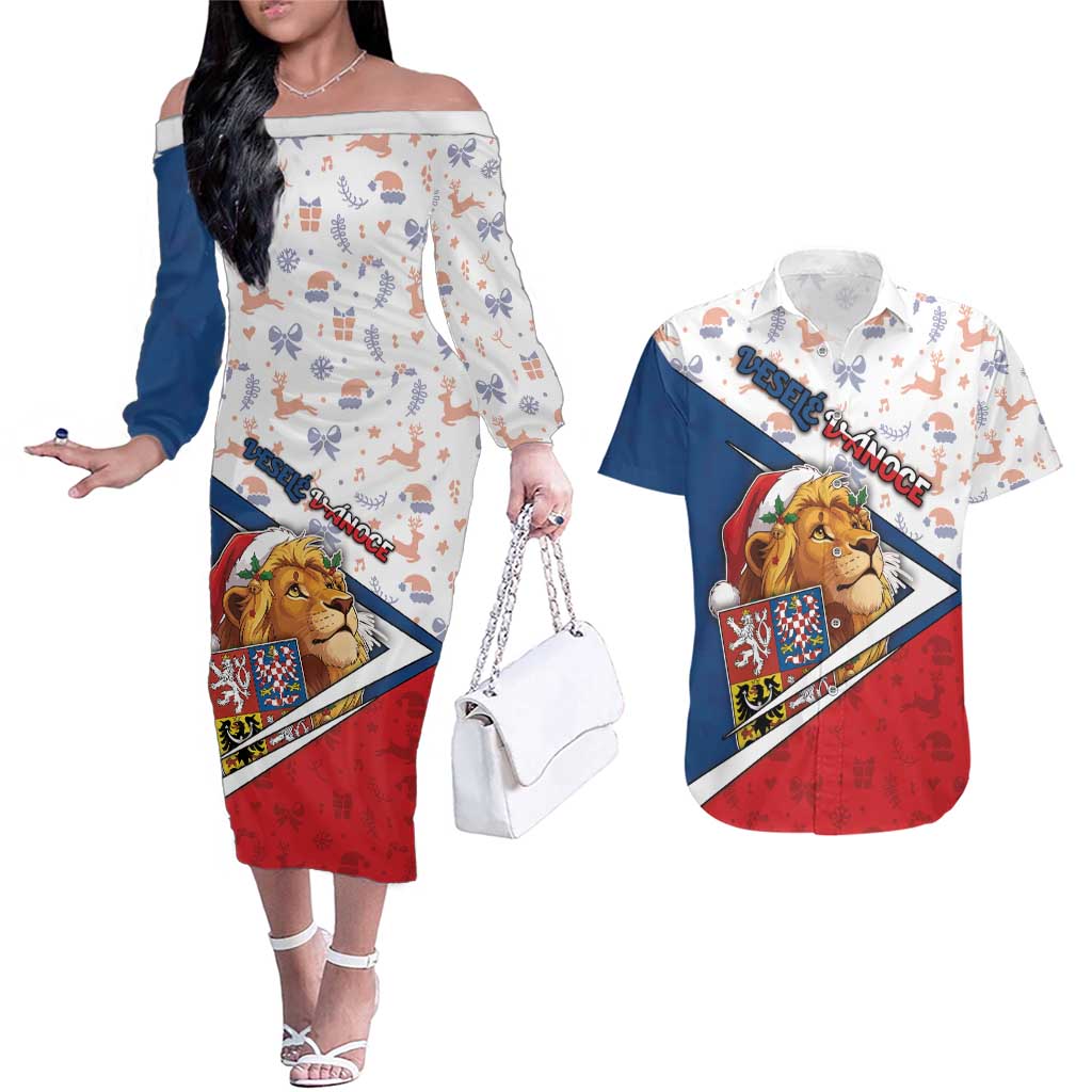 Czech Republic Christmas Couples Matching Off The Shoulder Long Sleeve Dress and Hawaiian Shirt The Lion With Coat Of Arms - Wonder Print Shop