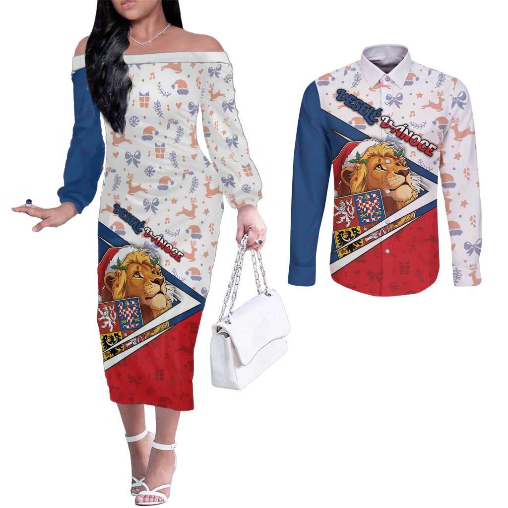 Czech Republic Christmas Couples Matching Off The Shoulder Long Sleeve Dress and Long Sleeve Button Shirt The Lion With Coat Of Arms - Wonder Print Shop