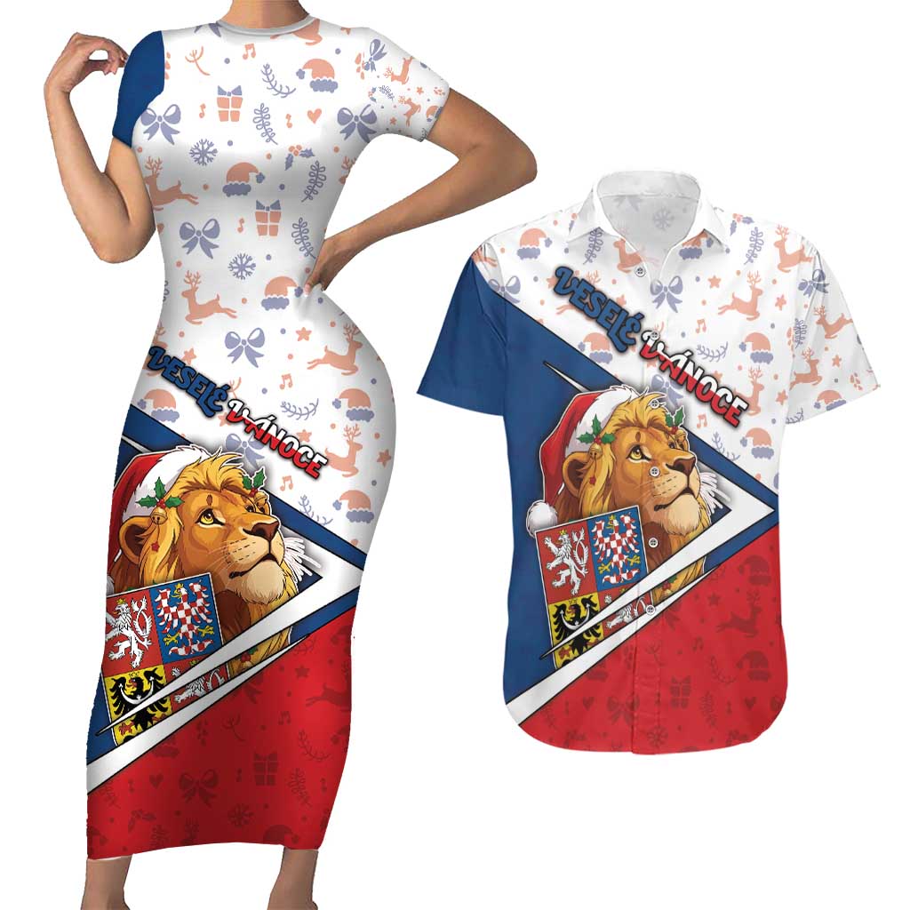 Czech Republic Christmas Couples Matching Short Sleeve Bodycon Dress and Hawaiian Shirt The Lion With Coat Of Arms - Wonder Print Shop
