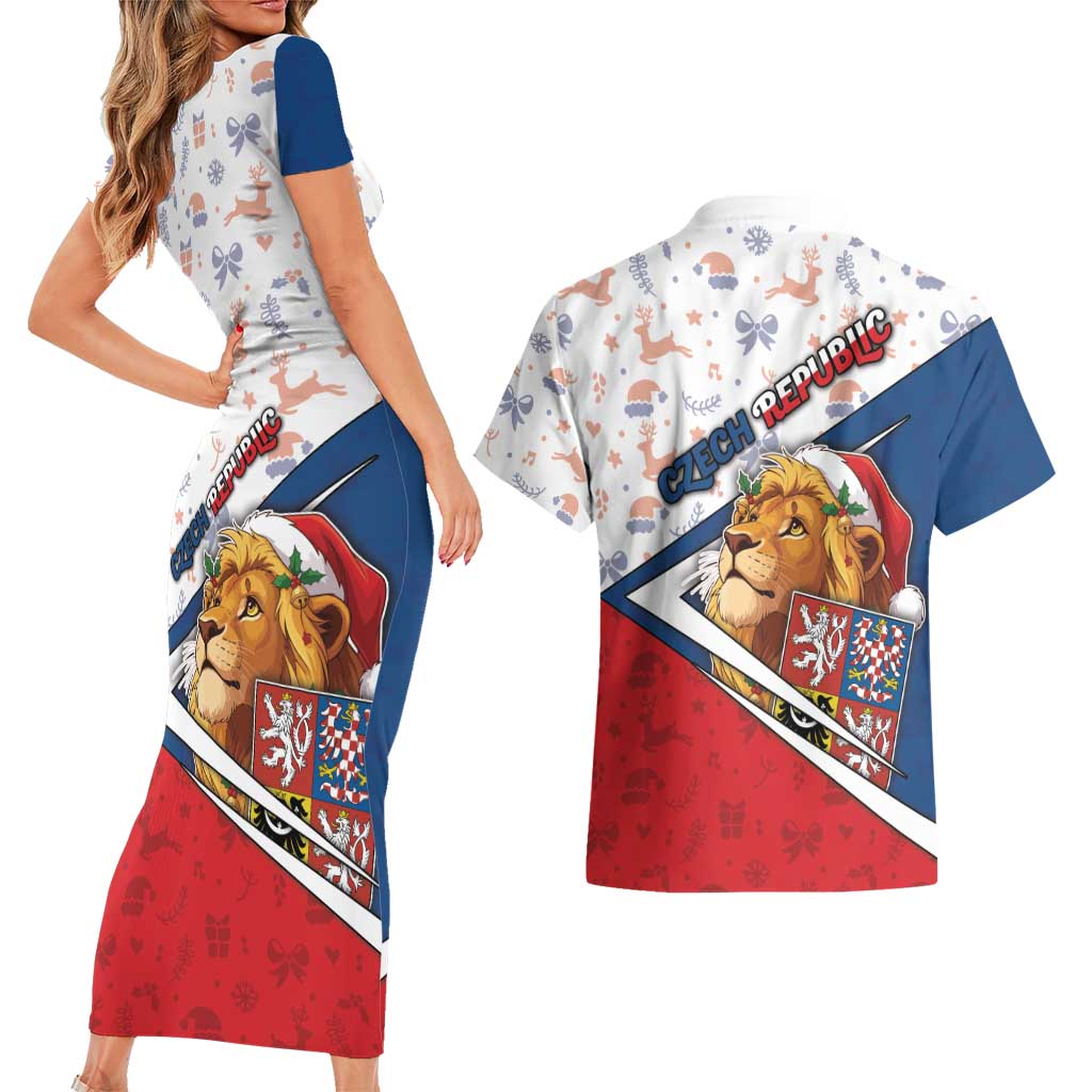 Czech Republic Christmas Couples Matching Short Sleeve Bodycon Dress and Hawaiian Shirt The Lion With Coat Of Arms - Wonder Print Shop