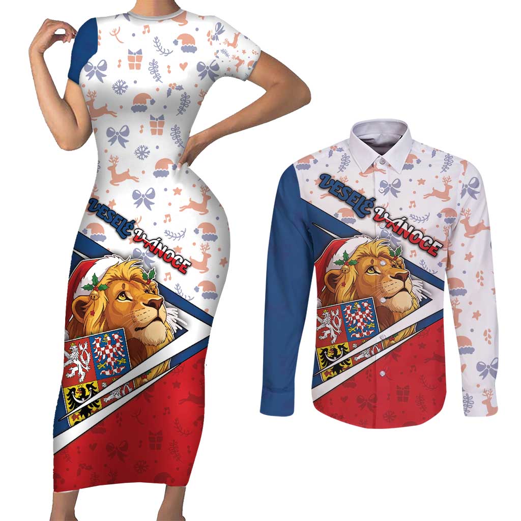 Czech Republic Christmas Couples Matching Short Sleeve Bodycon Dress and Long Sleeve Button Shirt The Lion With Coat Of Arms - Wonder Print Shop