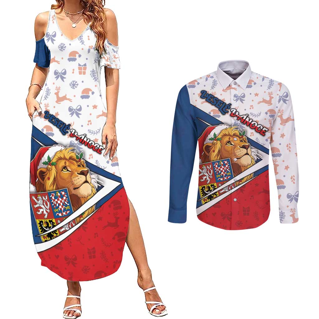 Czech Republic Christmas Couples Matching Summer Maxi Dress and Long Sleeve Button Shirt The Lion With Coat Of Arms - Wonder Print Shop