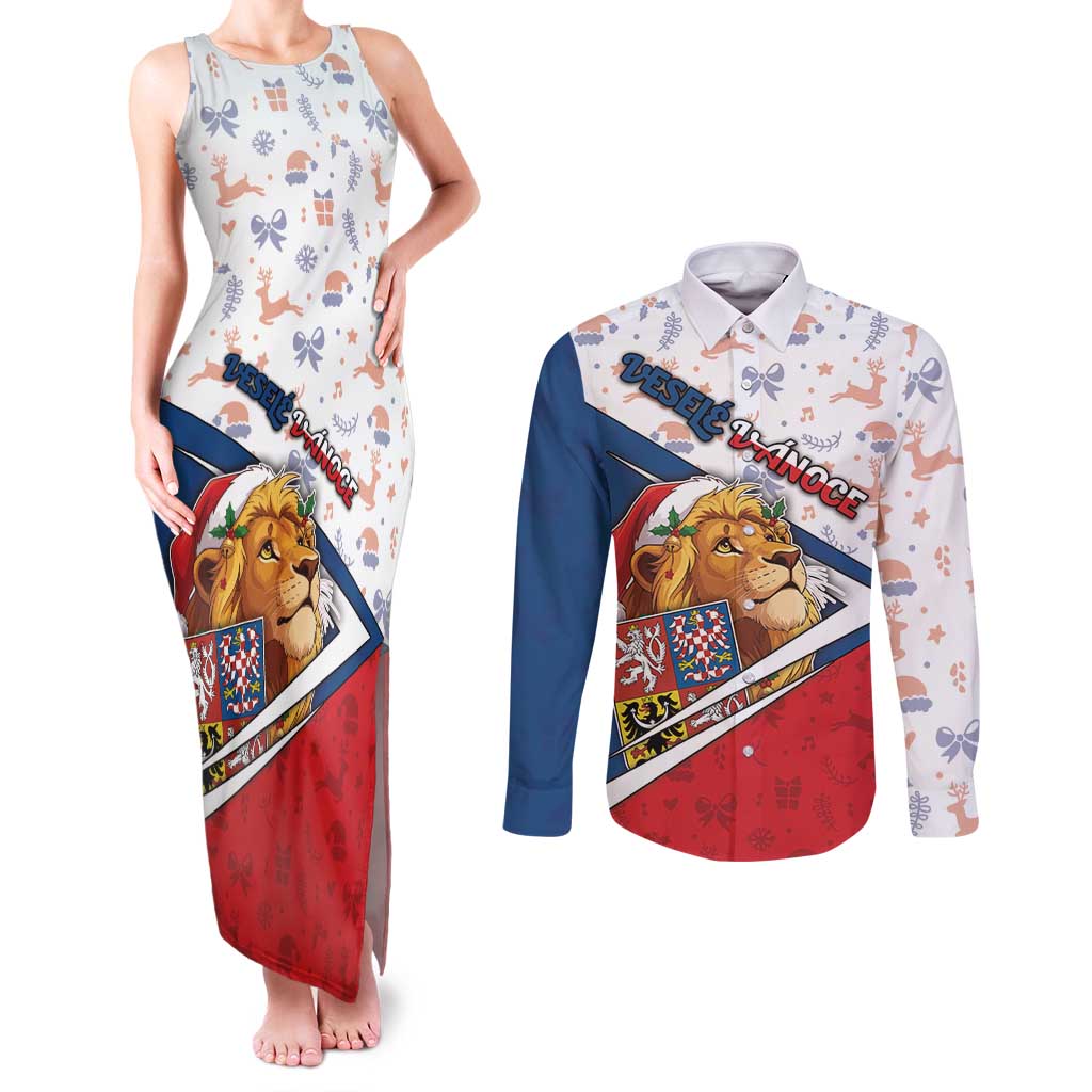 Czech Republic Christmas Couples Matching Tank Maxi Dress and Long Sleeve Button Shirt The Lion With Coat Of Arms - Wonder Print Shop