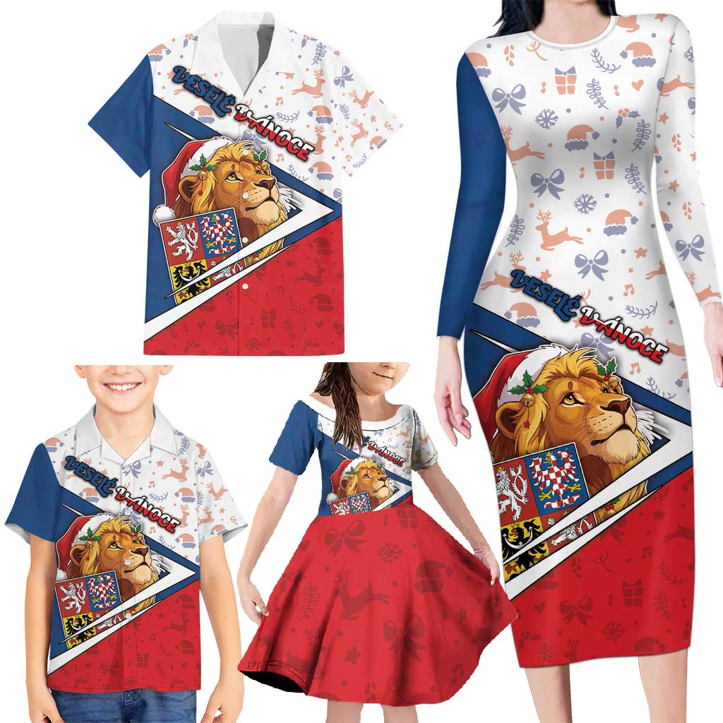 Czech Republic Christmas Family Matching Long Sleeve Bodycon Dress and Hawaiian Shirt The Lion With Coat Of Arms - Wonder Print Shop