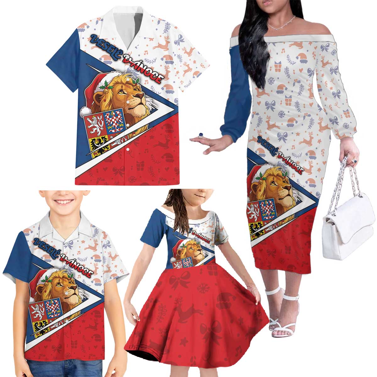 Czech Republic Christmas Family Matching Off The Shoulder Long Sleeve Dress and Hawaiian Shirt The Lion With Coat Of Arms - Wonder Print Shop
