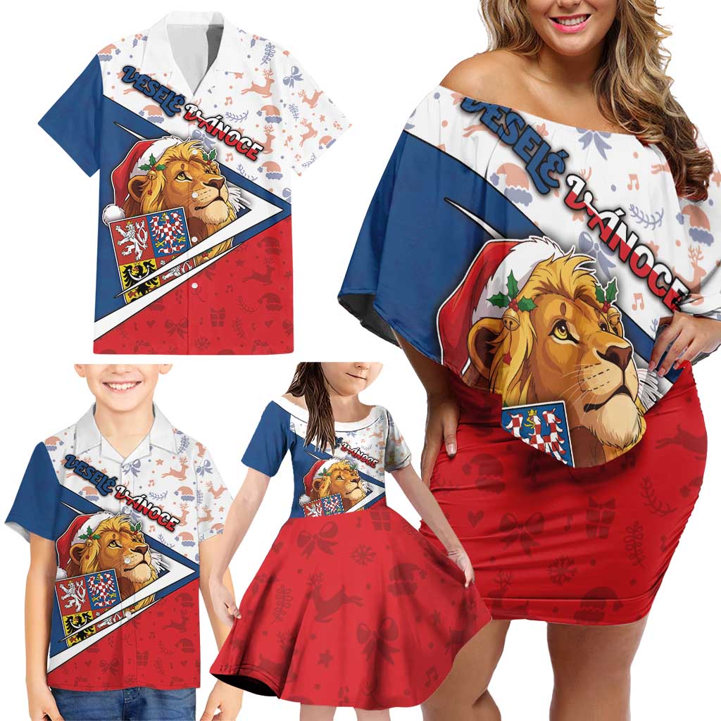 Czech Republic Christmas Family Matching Off Shoulder Short Dress and Hawaiian Shirt The Lion With Coat Of Arms - Wonder Print Shop