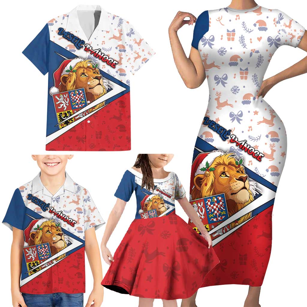 Czech Republic Christmas Family Matching Short Sleeve Bodycon Dress and Hawaiian Shirt The Lion With Coat Of Arms - Wonder Print Shop