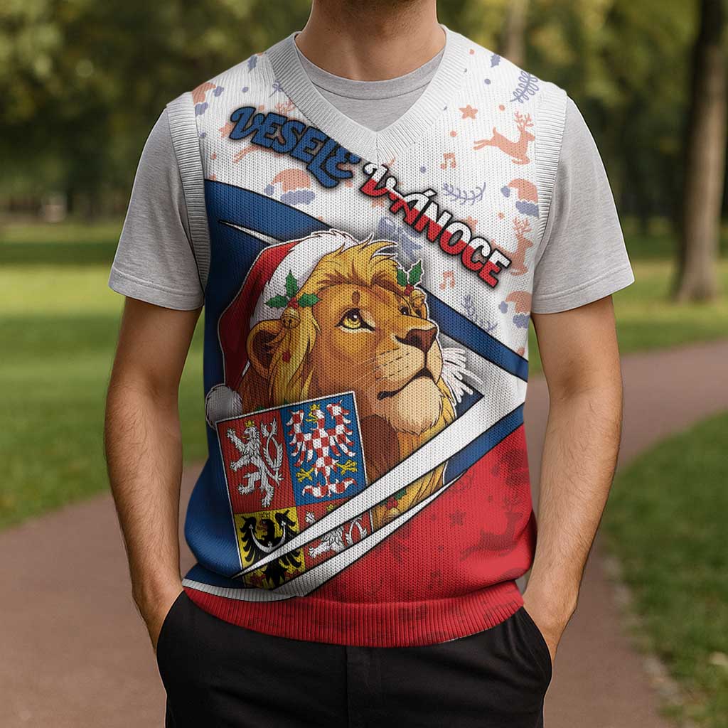 Czech Republic Christmas Knitted V-Neck Vest The Lion With Coat Of Arms - Wonder Print Shop