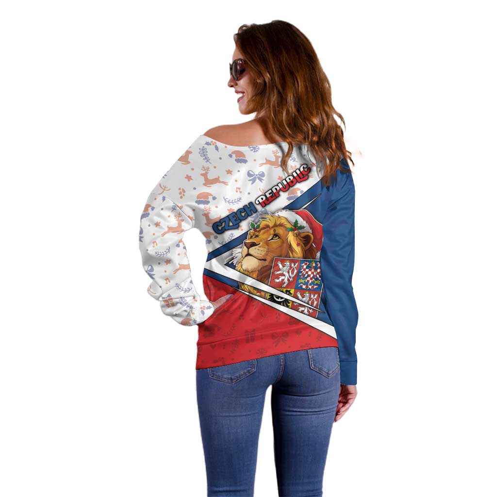 Czech Republic Christmas Off Shoulder Sweater The Lion With Coat Of Arms - Wonder Print Shop