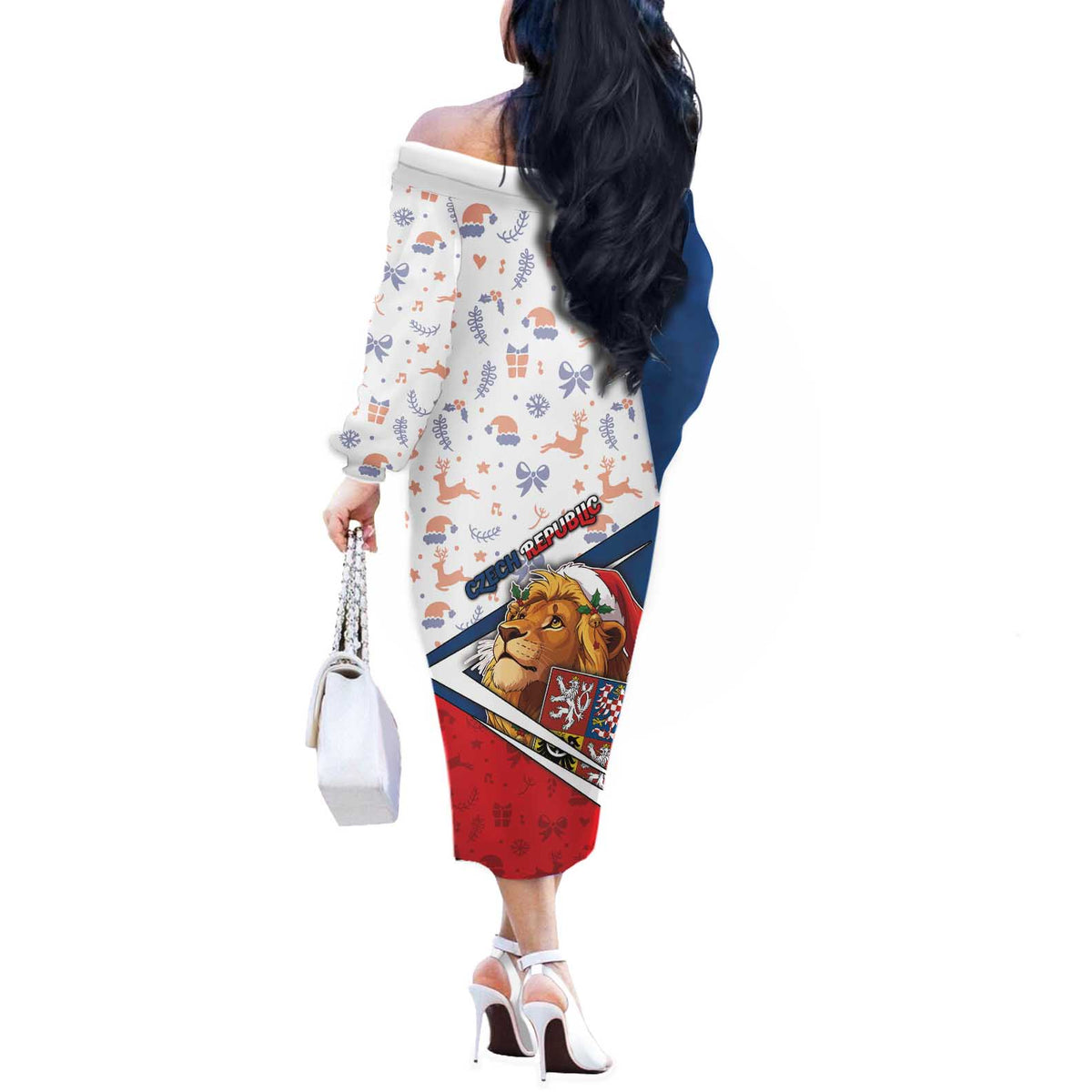 Czech Republic Christmas Off The Shoulder Long Sleeve Dress The Lion With Coat Of Arms - Wonder Print Shop