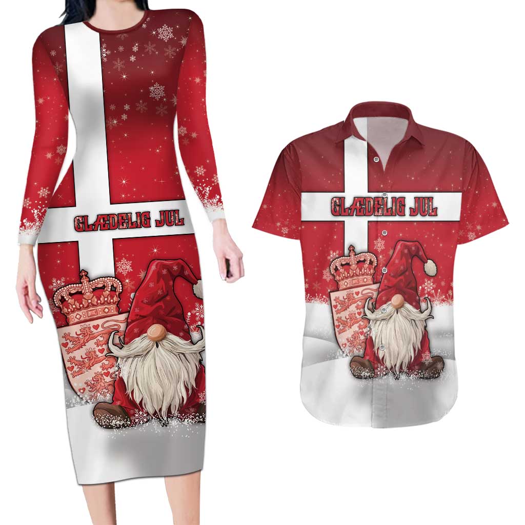Denmark Christmas Couples Matching Long Sleeve Bodycon Dress and Hawaiian Shirt Nisse Glaedelig Jul - Wonder Print Shop