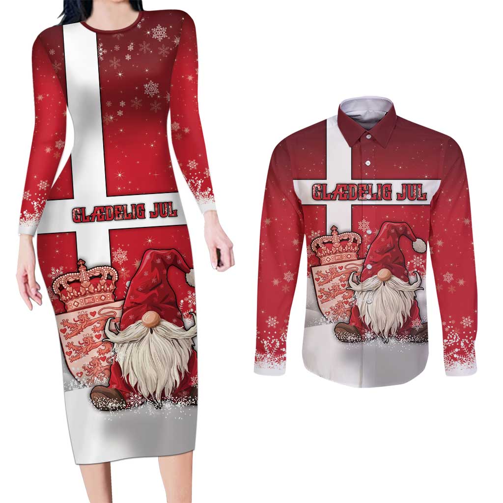 Denmark Christmas Couples Matching Long Sleeve Bodycon Dress and Long Sleeve Button Shirt Nisse Glaedelig Jul - Wonder Print Shop