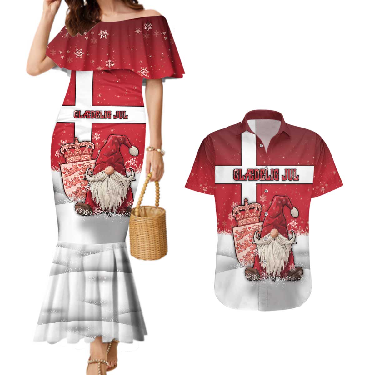 Denmark Christmas Couples Matching Mermaid Dress and Hawaiian Shirt Nisse Glaedelig Jul - Wonder Print Shop