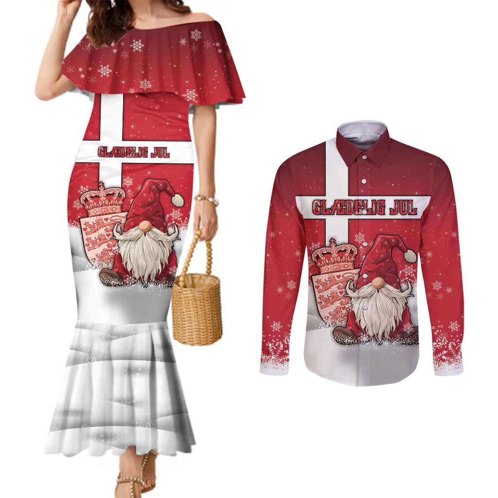 Denmark Christmas Couples Matching Mermaid Dress and Long Sleeve Button Shirt Nisse Glaedelig Jul - Wonder Print Shop
