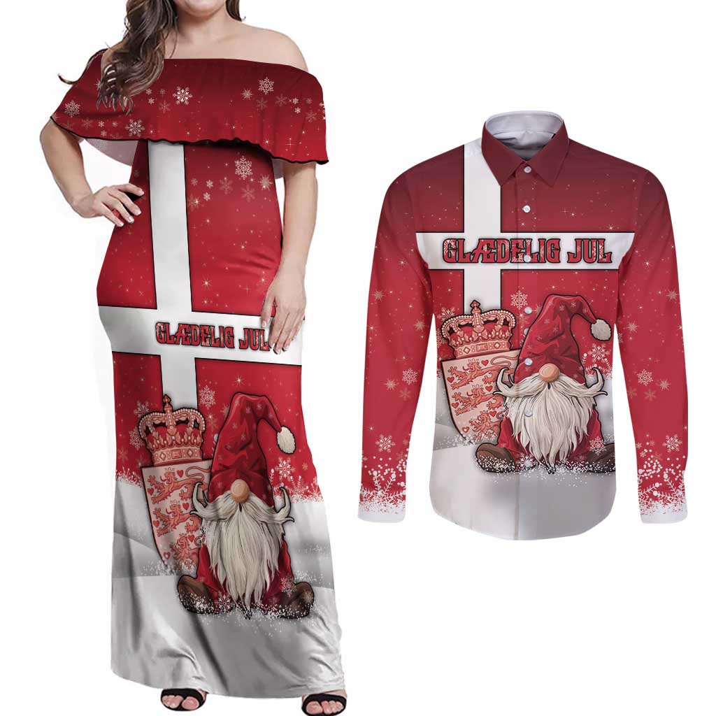 Denmark Christmas Couples Matching Off Shoulder Maxi Dress and Long Sleeve Button Shirt Nisse Glaedelig Jul - Wonder Print Shop