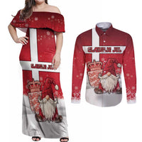 Denmark Christmas Couples Matching Off Shoulder Maxi Dress and Long Sleeve Button Shirt Nisse Glaedelig Jul - Wonder Print Shop