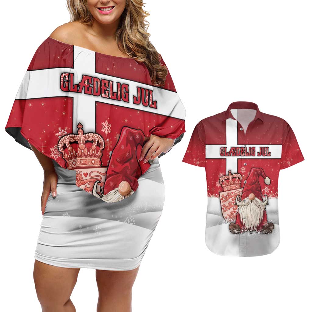 Denmark Christmas Couples Matching Off Shoulder Short Dress and Hawaiian Shirt Nisse Glaedelig Jul - Wonder Print Shop
