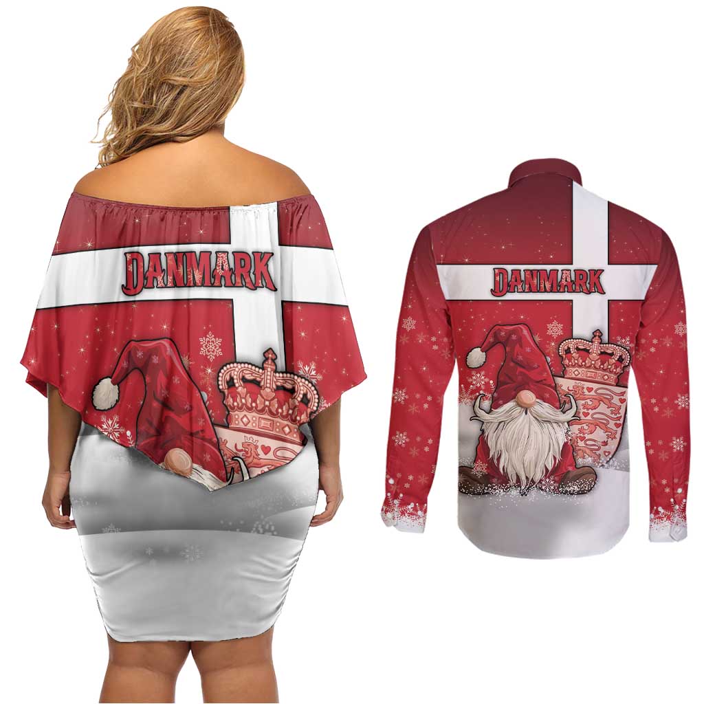 Denmark Christmas Couples Matching Off Shoulder Short Dress and Long Sleeve Button Shirt Nisse Glaedelig Jul - Wonder Print Shop