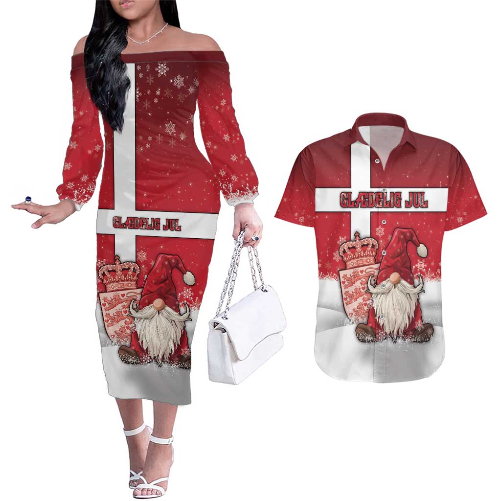 Denmark Christmas Couples Matching Off The Shoulder Long Sleeve Dress and Hawaiian Shirt Nisse Glaedelig Jul - Wonder Print Shop