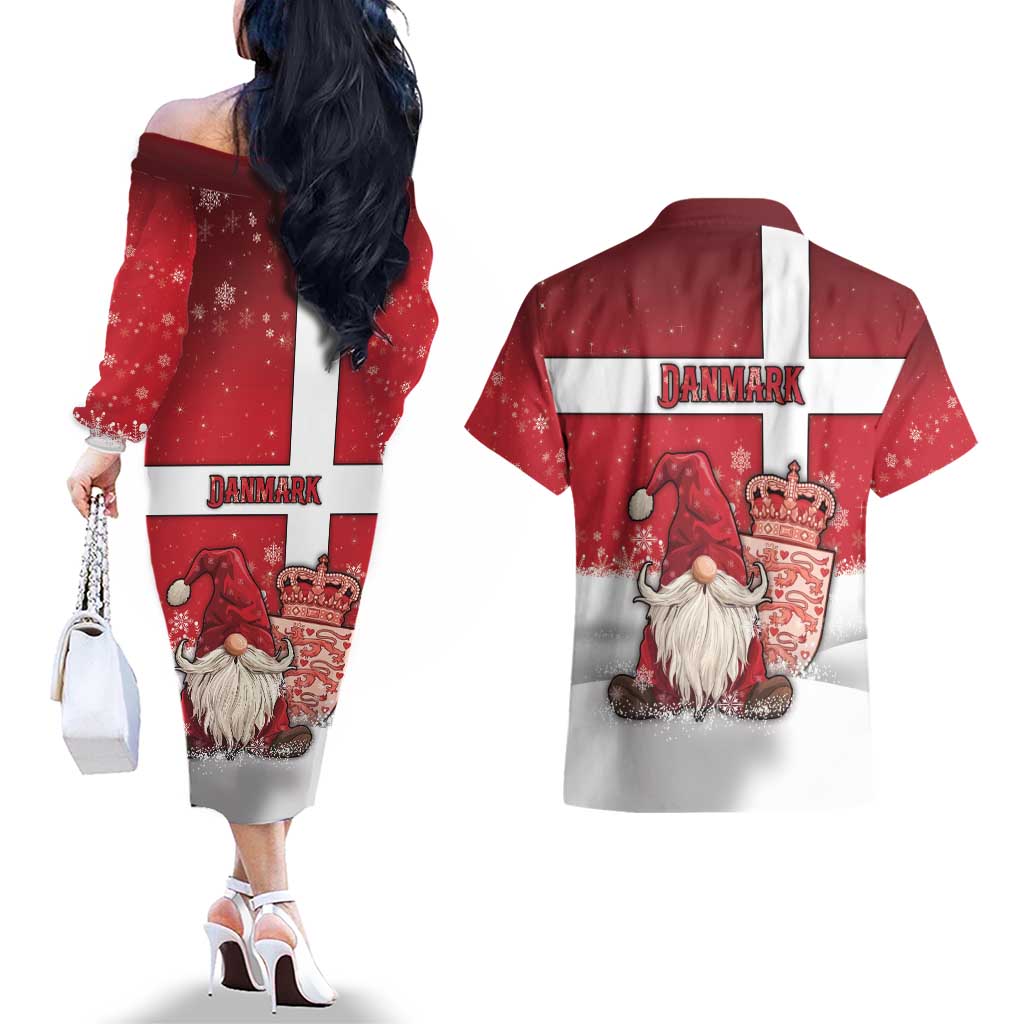 Denmark Christmas Couples Matching Off The Shoulder Long Sleeve Dress and Hawaiian Shirt Nisse Glaedelig Jul - Wonder Print Shop
