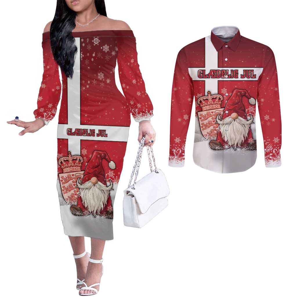 Denmark Christmas Couples Matching Off The Shoulder Long Sleeve Dress and Long Sleeve Button Shirt Nisse Glaedelig Jul - Wonder Print Shop