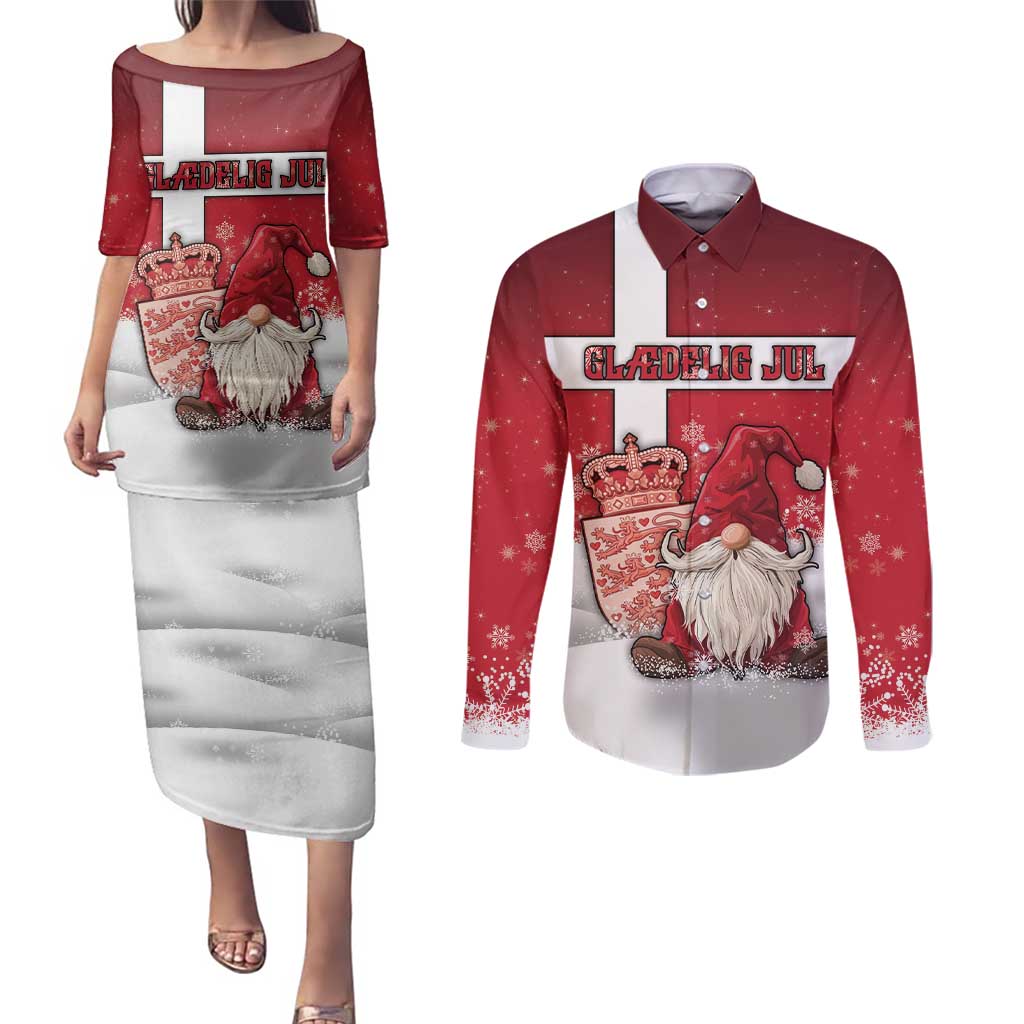Denmark Christmas Couples Matching Puletasi and Long Sleeve Button Shirt Nisse Glaedelig Jul - Wonder Print Shop