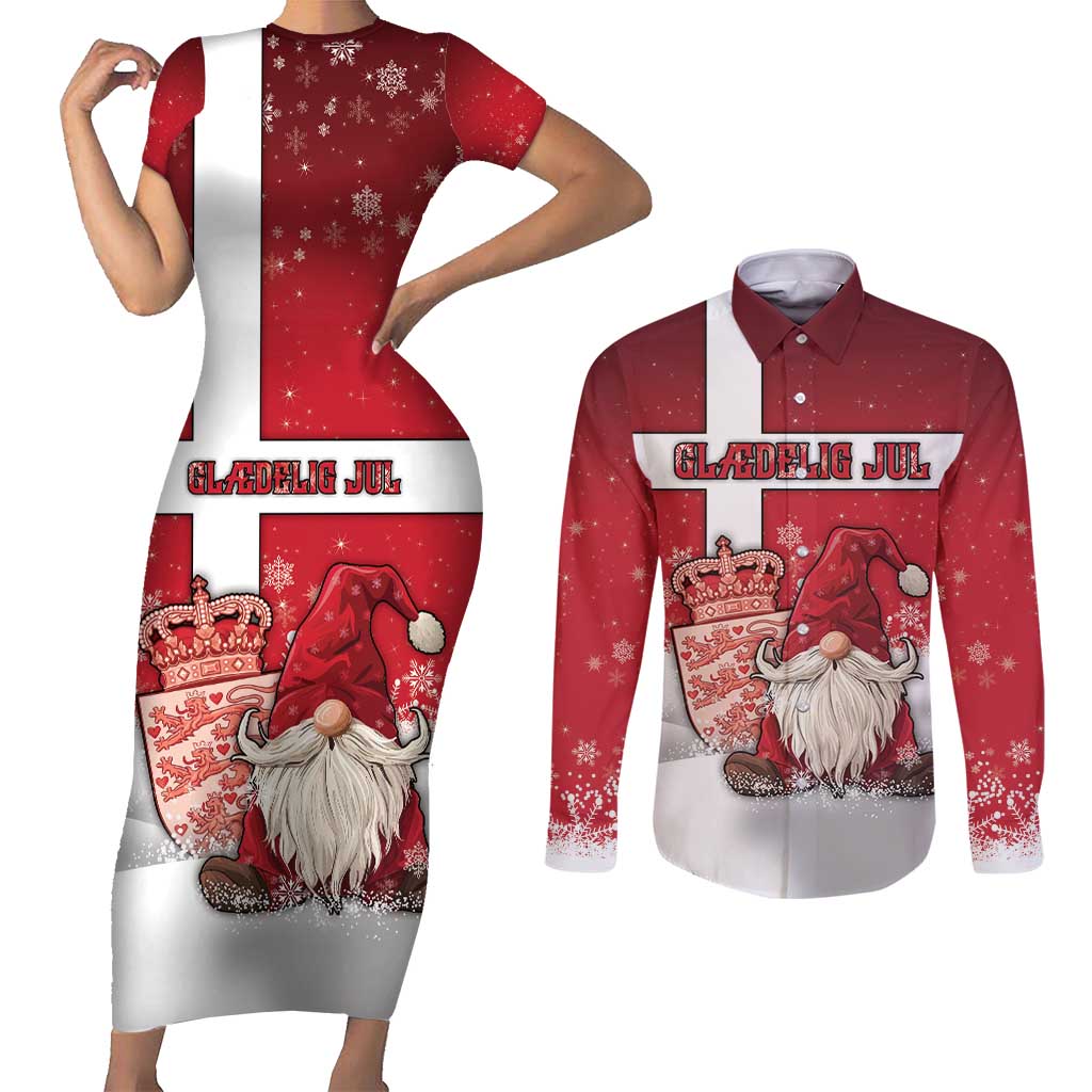 Denmark Christmas Couples Matching Short Sleeve Bodycon Dress and Long Sleeve Button Shirt Nisse Glaedelig Jul - Wonder Print Shop