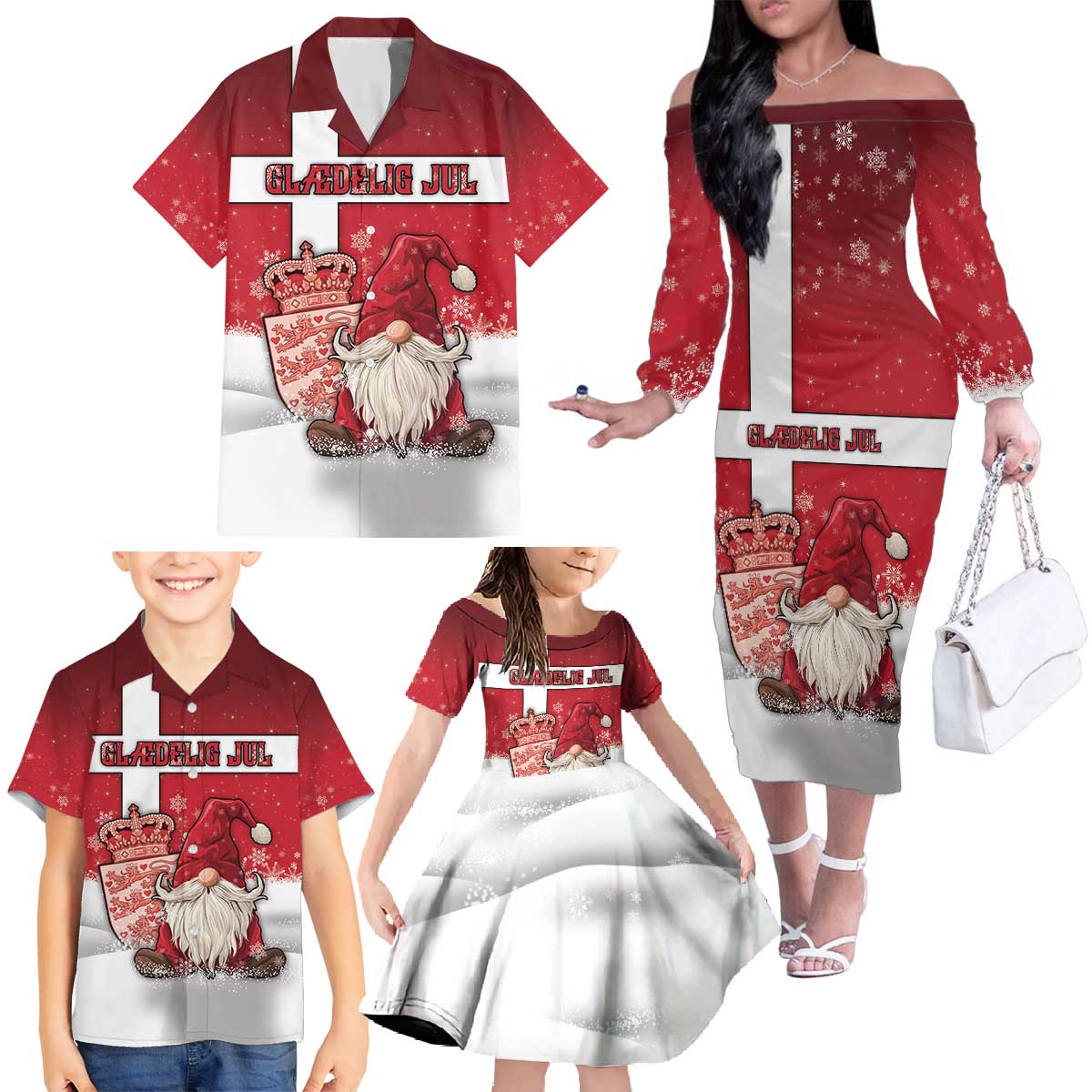Denmark Christmas Family Matching Off The Shoulder Long Sleeve Dress and Hawaiian Shirt Nisse Glaedelig Jul - Wonder Print Shop