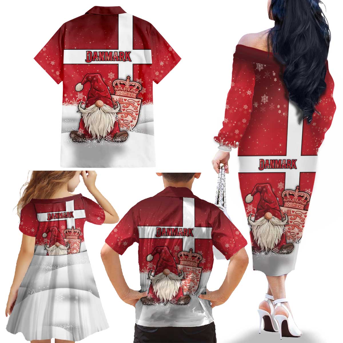 Denmark Christmas Family Matching Off The Shoulder Long Sleeve Dress and Hawaiian Shirt Nisse Glaedelig Jul - Wonder Print Shop