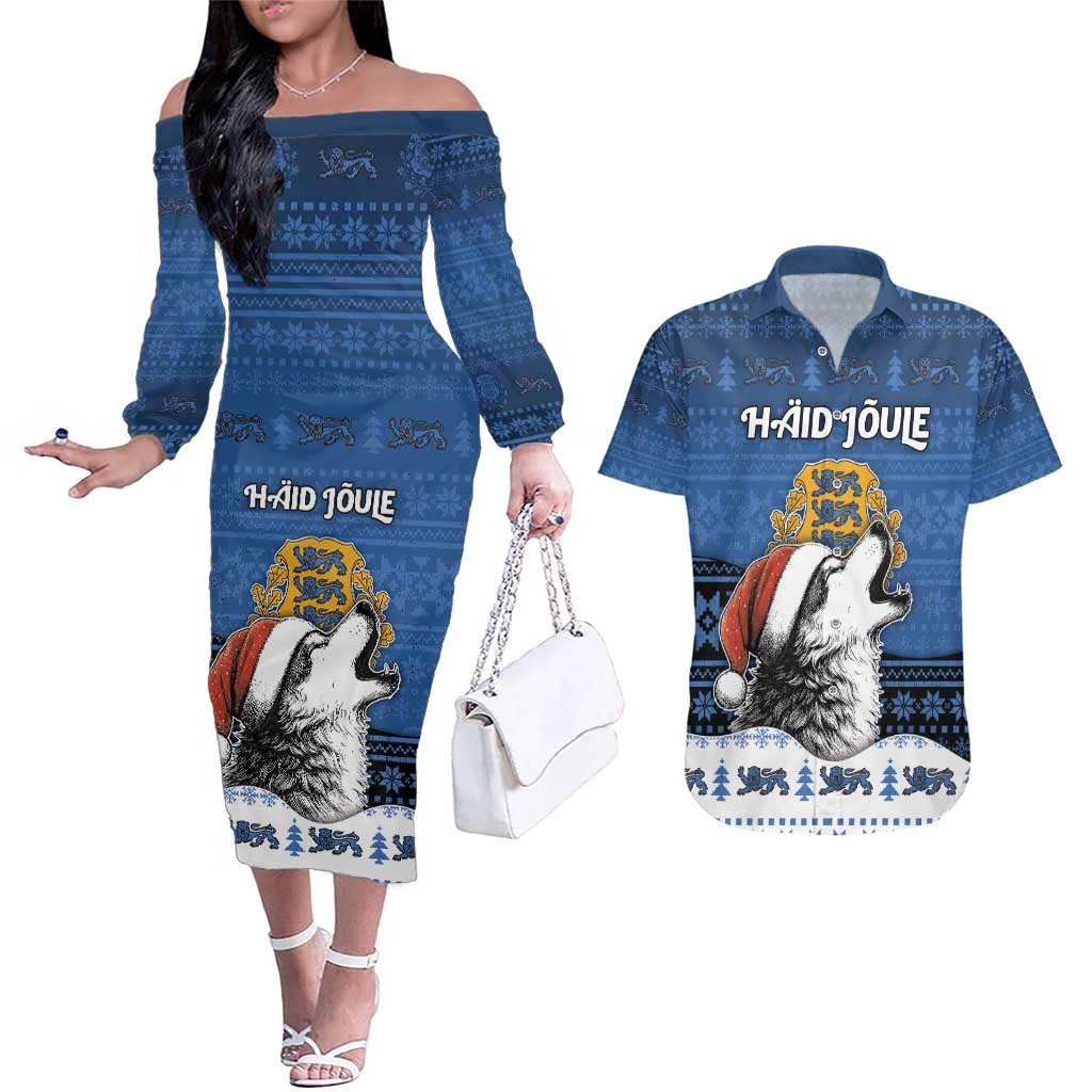 Personalized Estonia Christmas Couples Matching Off The Shoulder Long Sleeve Dress and Hawaiian Shirt Haid Joule - Wonder Print Shop